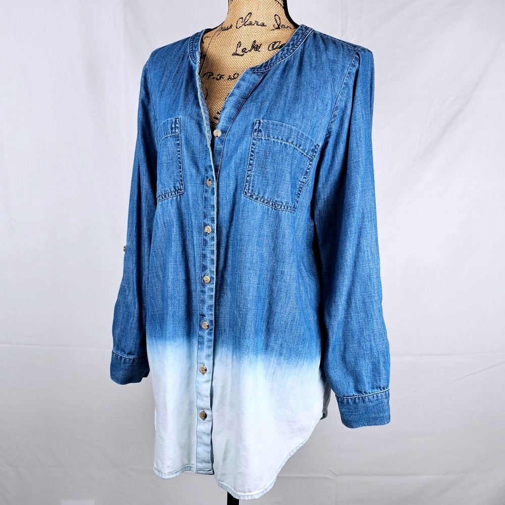 Beautiful J. Jill Denim Shirt Ombre Dip Dye Collarless Button Down Blue White M - Picture 8 of 13